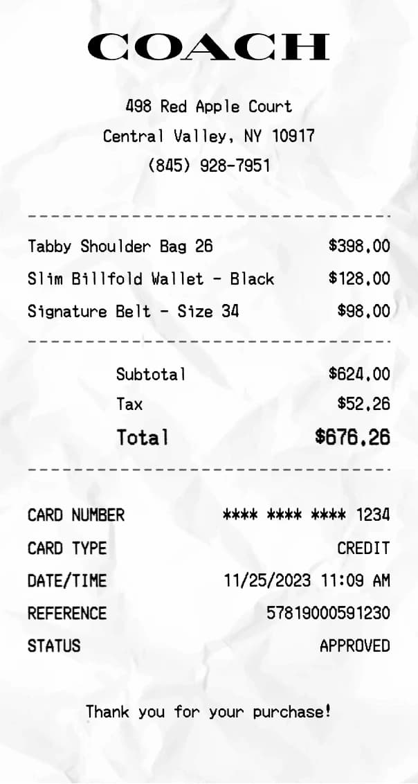 Coach receipt example