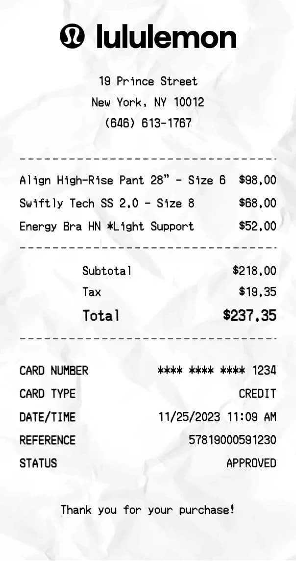 lululemon receipt example