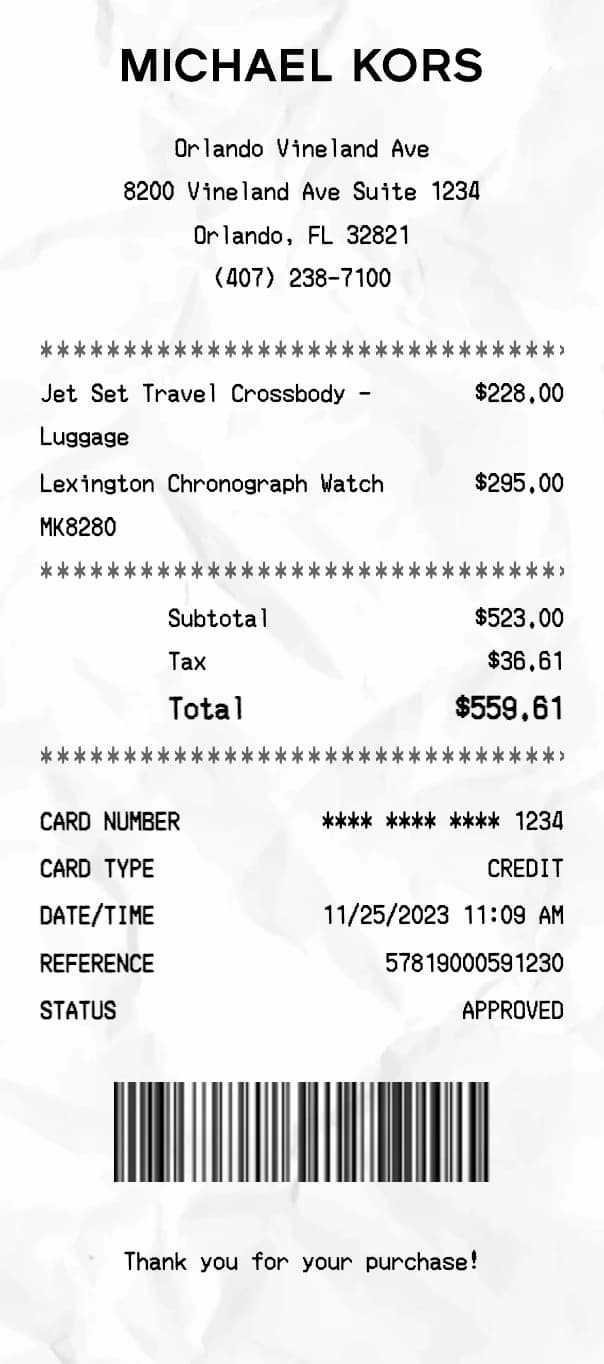 Michael Kors receipt example