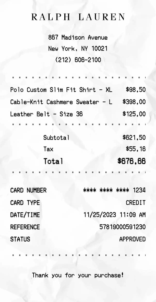 Ralph Lauren receipt example