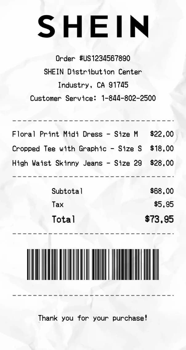SHEIN receipt example
