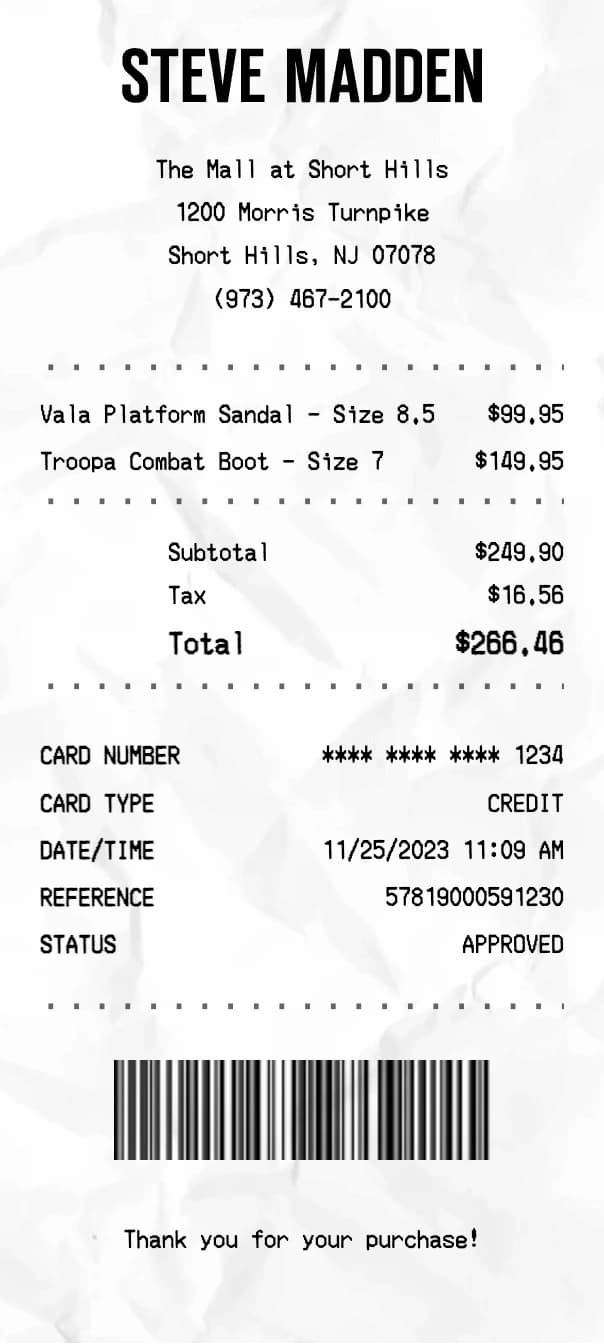 Steve Madden receipt example
