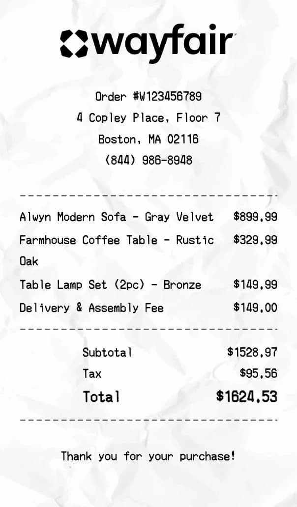Wayfair receipt example