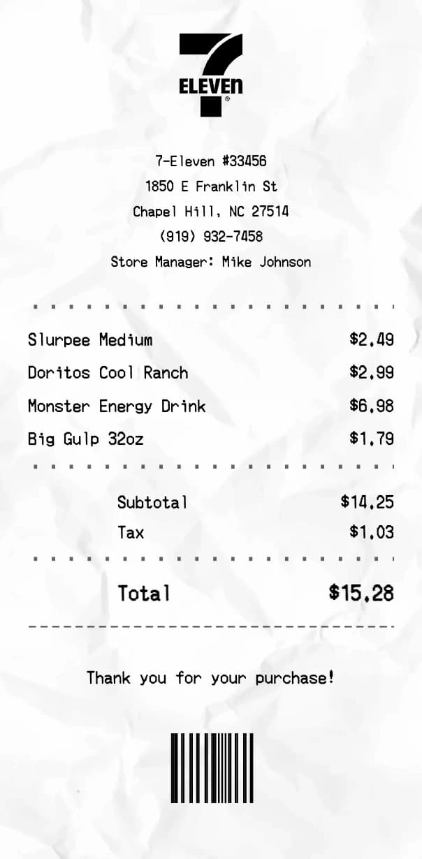 7-Eleven receipt example