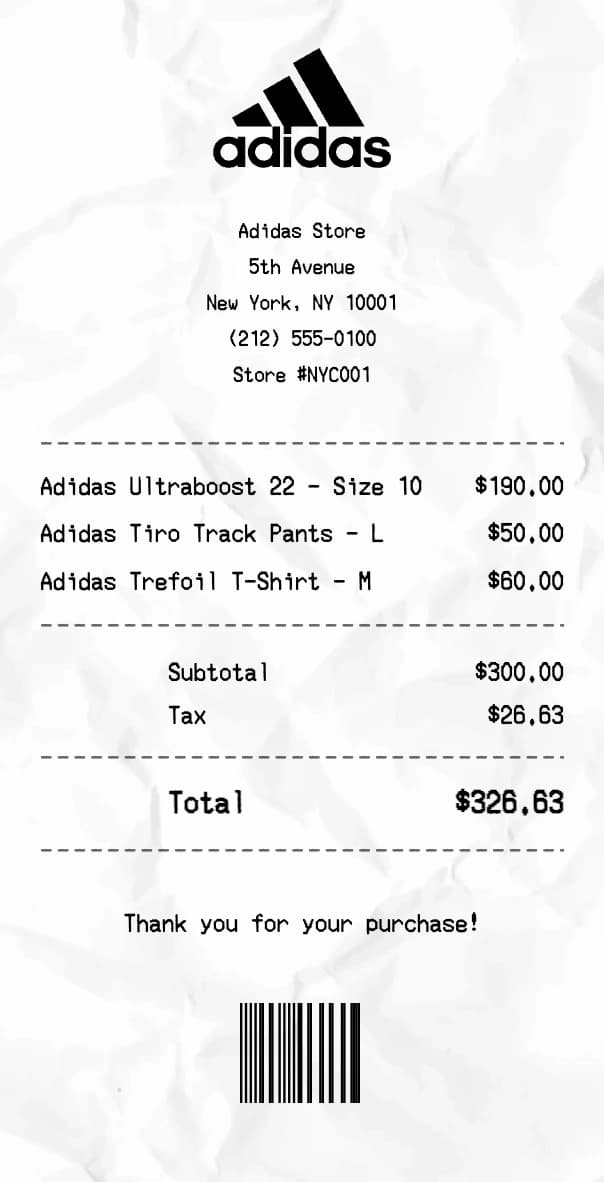 Adidas receipt example
