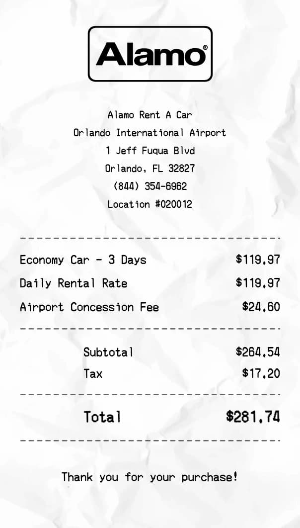 Alamo receipt example