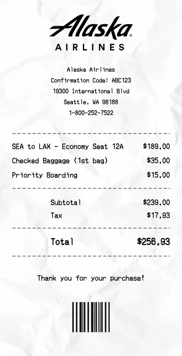 Alaska Airlines receipt example