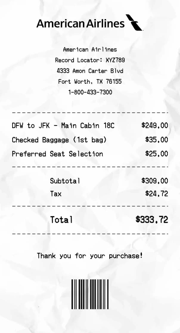 American Airlines receipt example