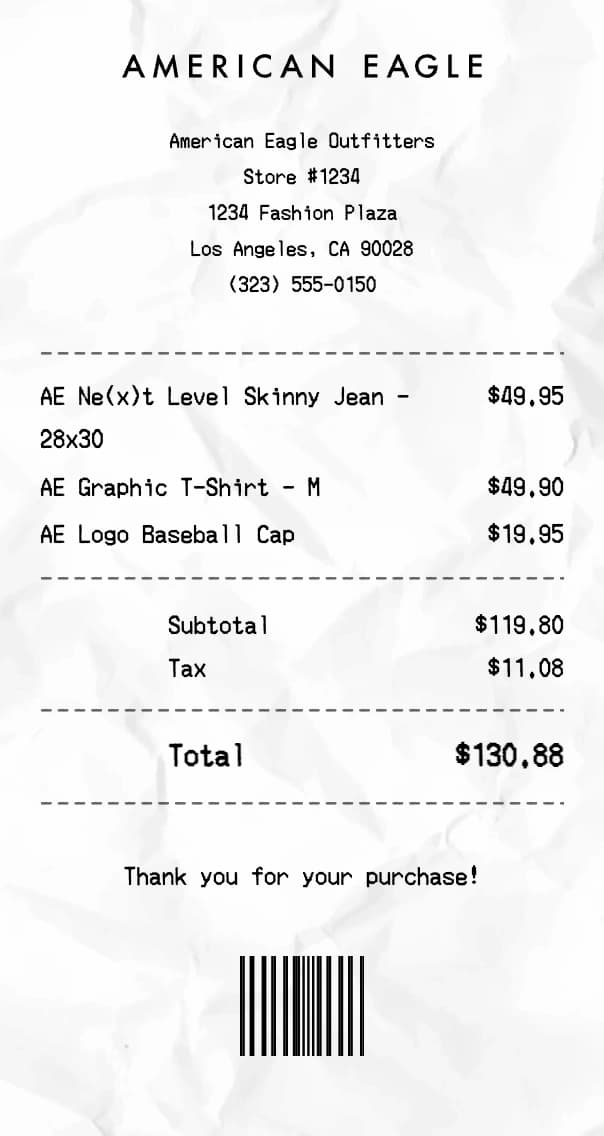 American Eagle Outfitters receipt example