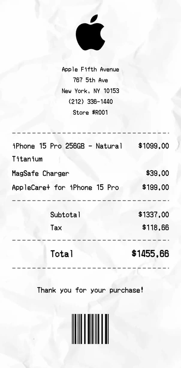 Apple Store receipt example