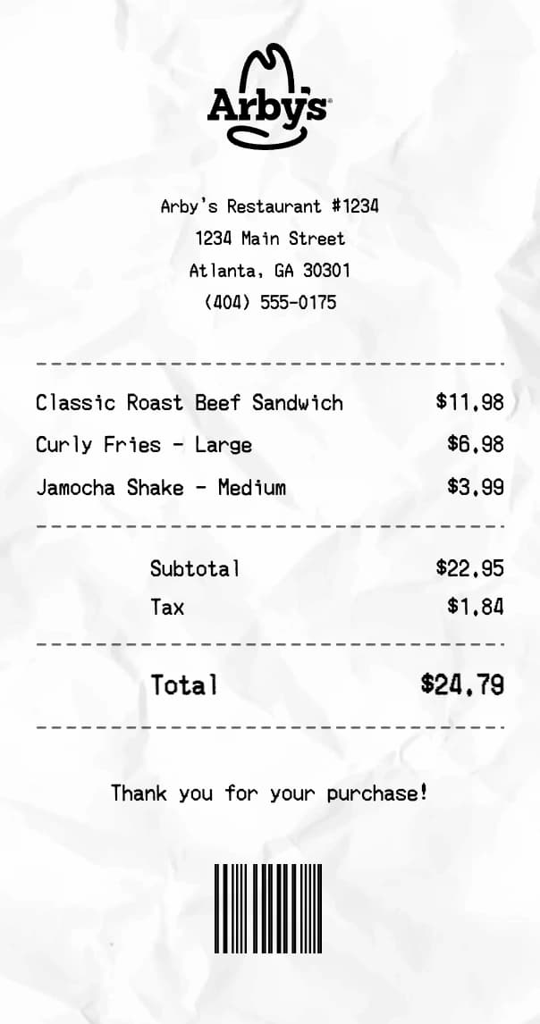 Arby's receipt example