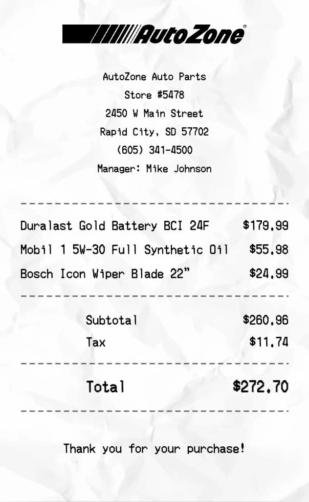 AutoZone receipt example