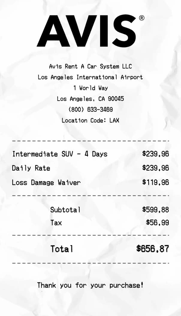 Avis receipt example