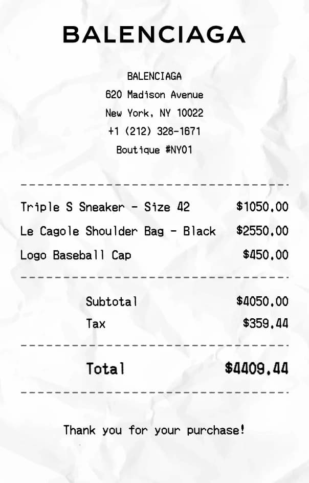 Balenciaga receipt example