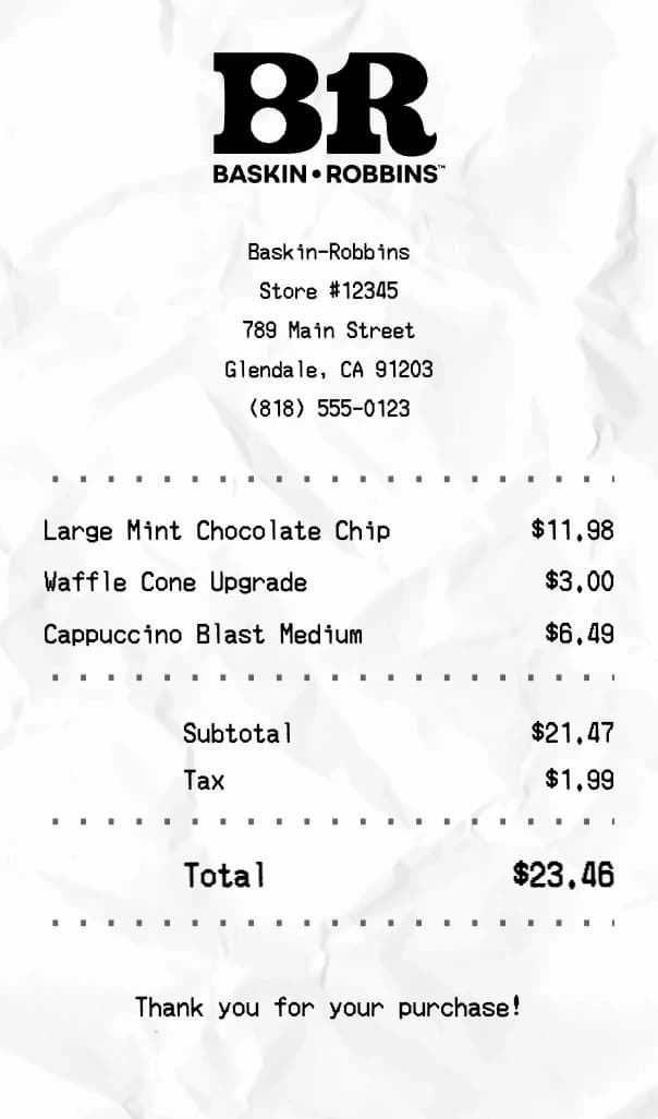 Baskin-Robbins receipt example