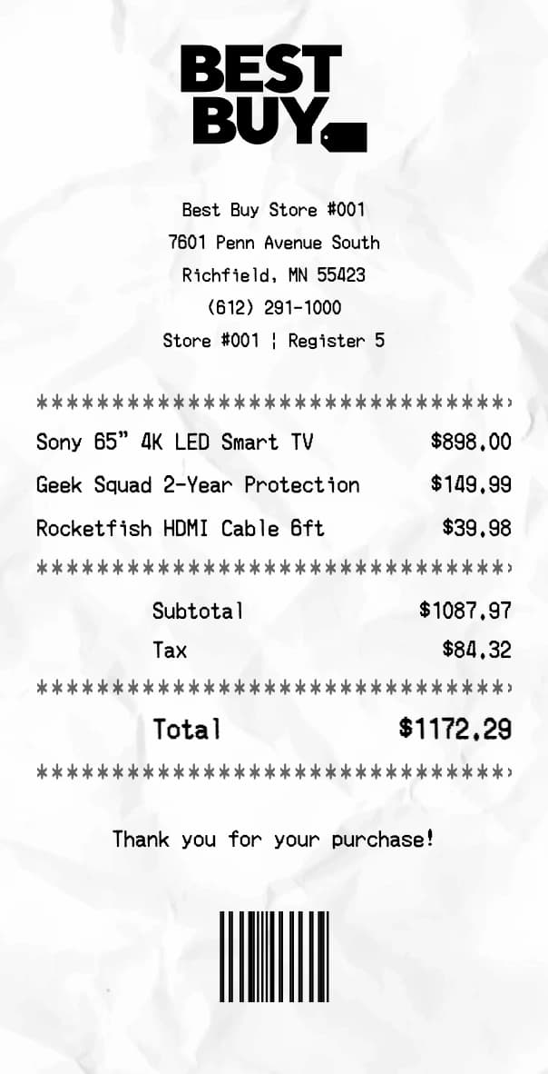 Best Buy receipt example