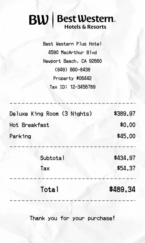 Best Western receipt example