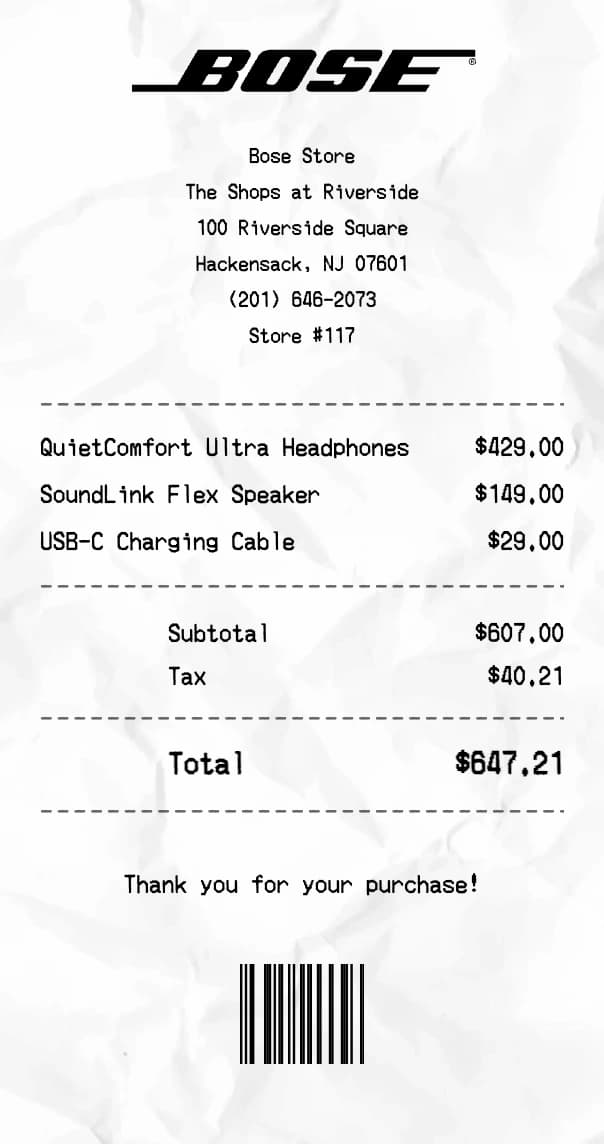 Bose receipt example