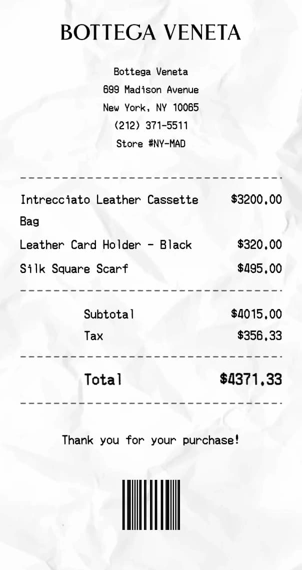 Bottega Veneta receipt example