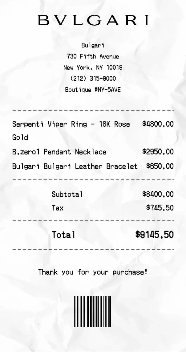 Bulgari receipt example