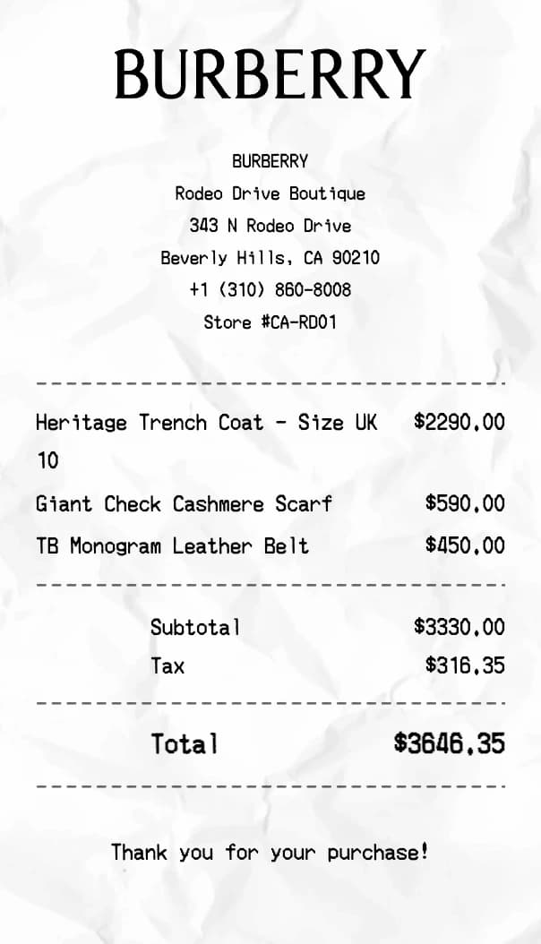 Burberry receipt example