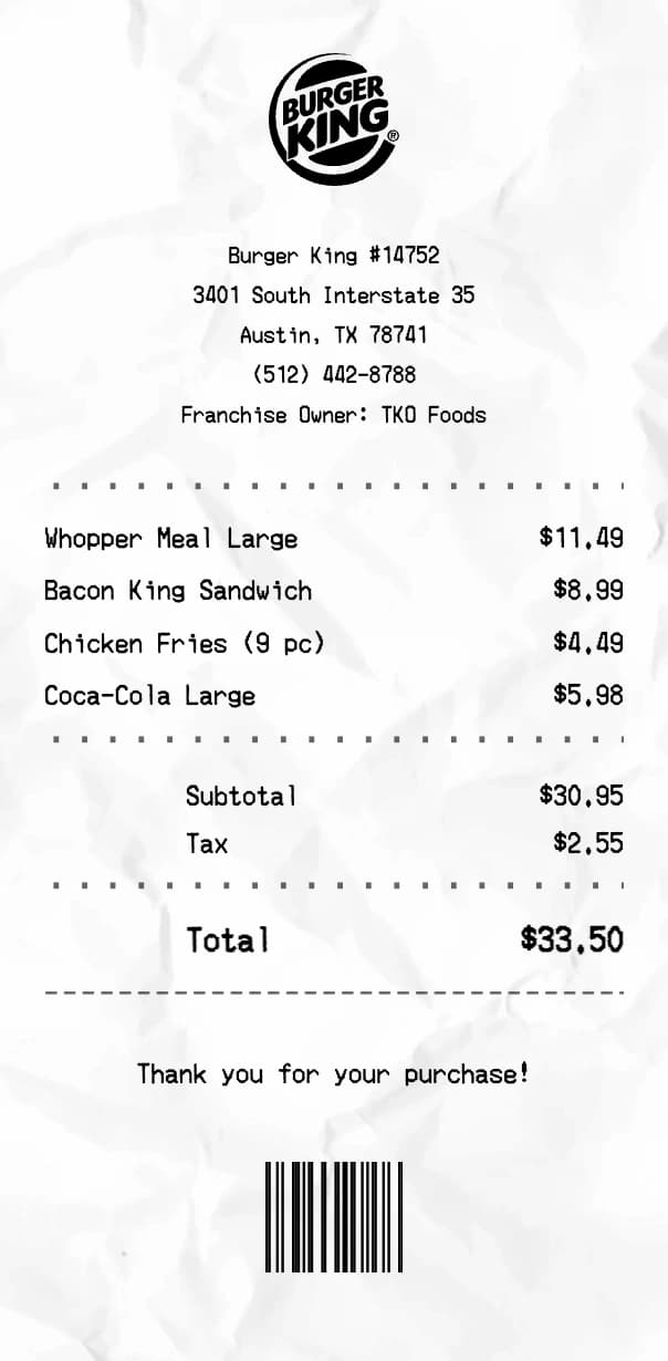 Burger King receipt example