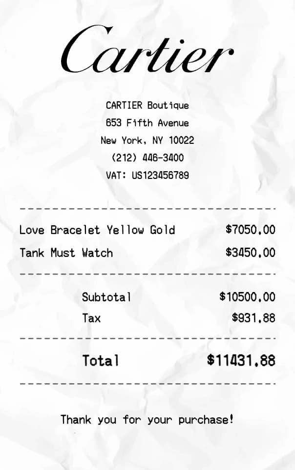 Cartier receipt example