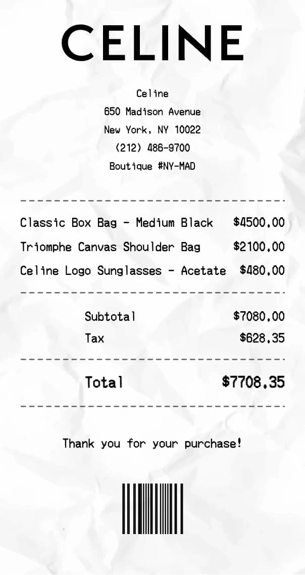 Celine receipt example