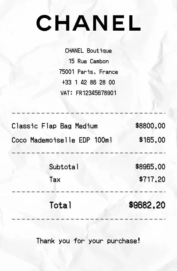 Chanel receipt example