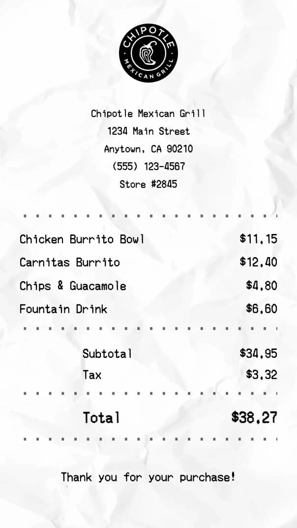 Chipotle receipt example