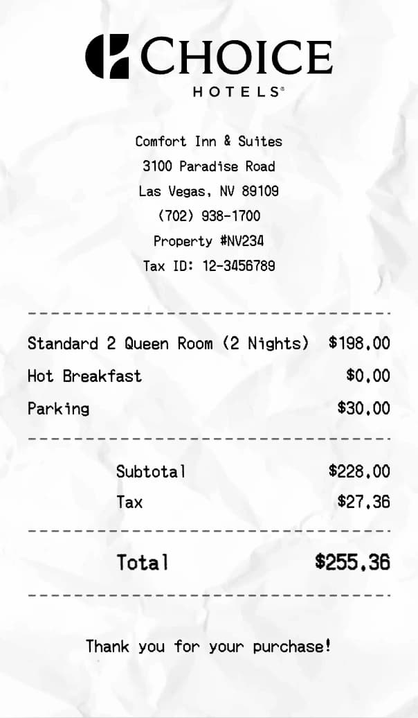 Choice Hotels receipt example