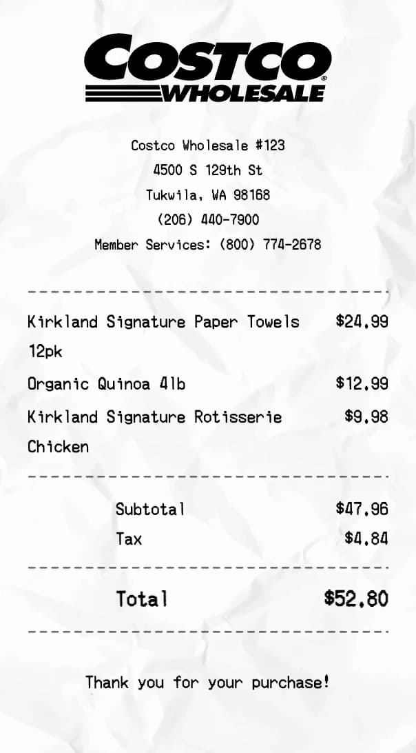 Costco Wholesale receipt example