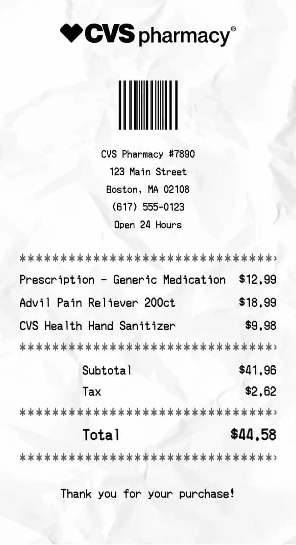 CVS Pharmacy receipt example