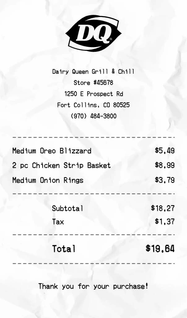 Dairy Queen receipt example
