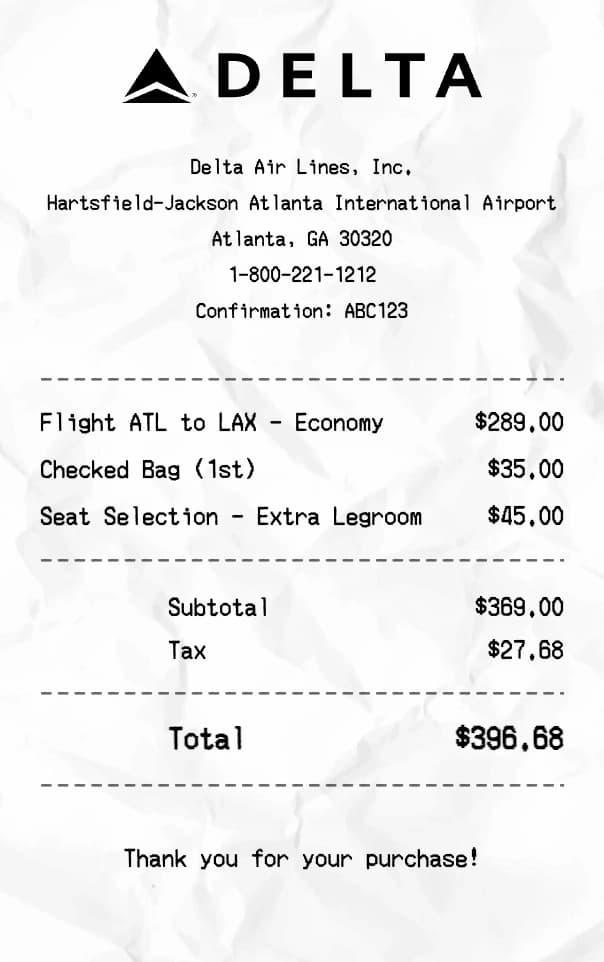 Delta receipt example