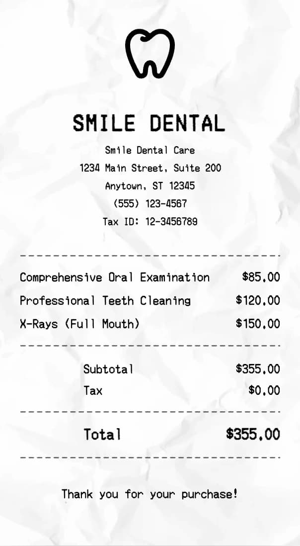 Dental receipt example