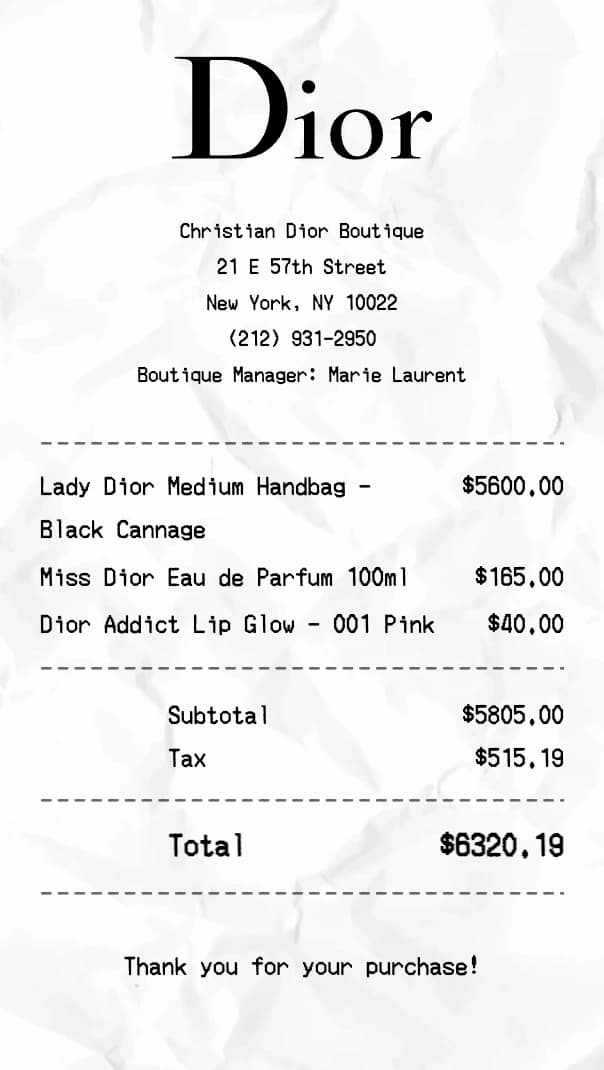 Dior receipt example