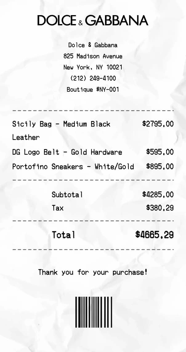 Dolce & Gabbana receipt example
