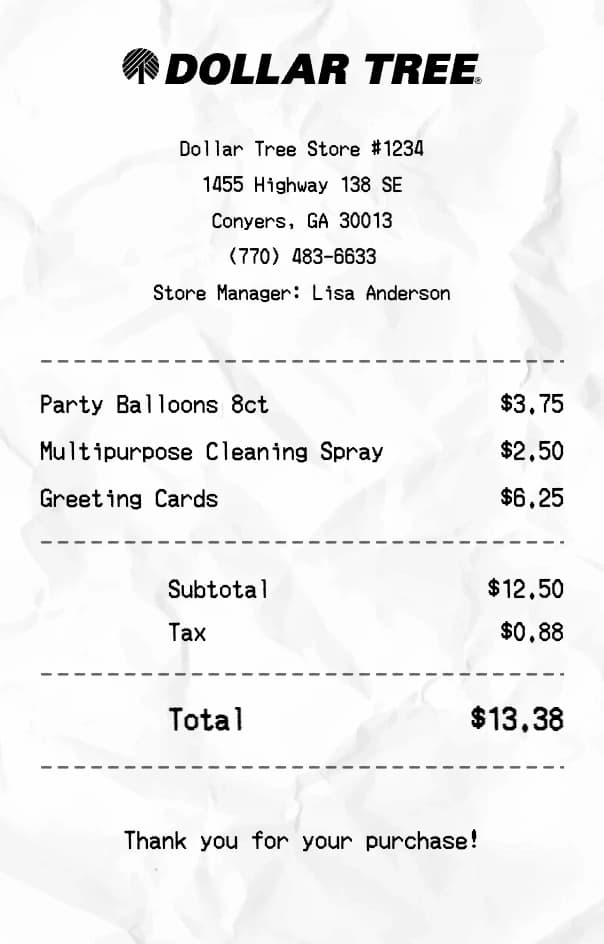 Dollar Tree receipt example