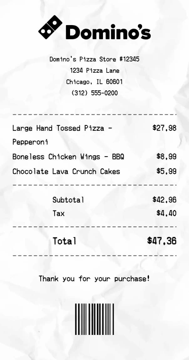 Domino's receipt example