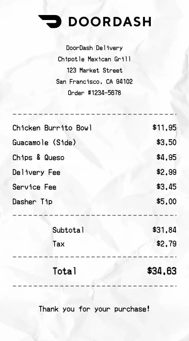 DoorDash receipt example