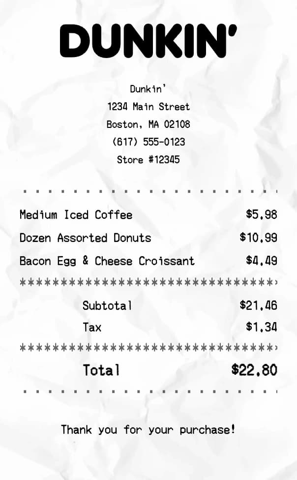 Dunkin' receipt example