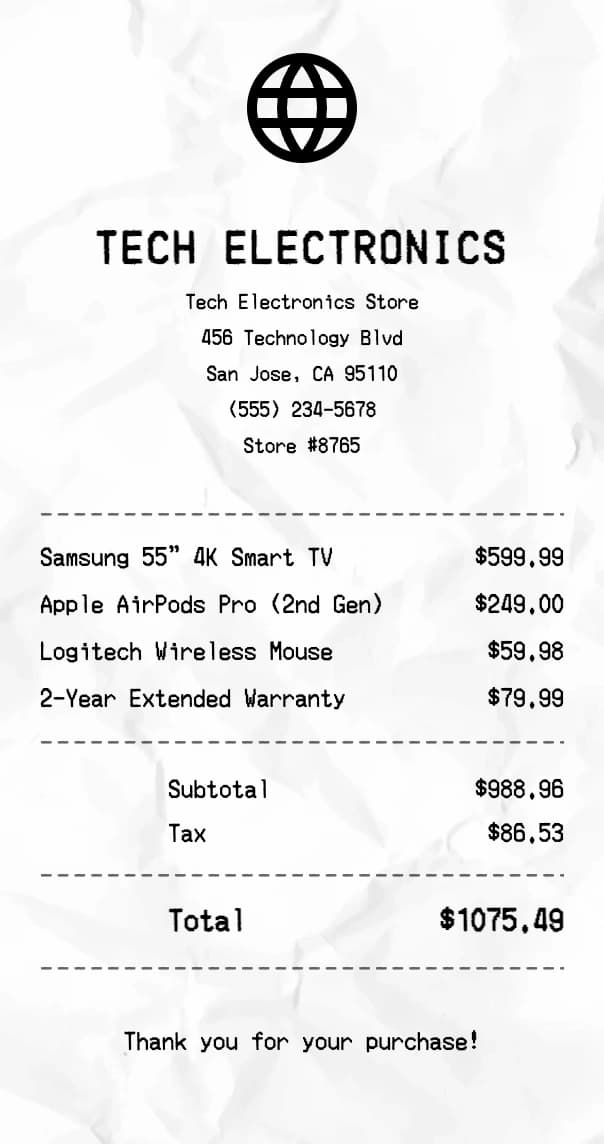 Electronics Store receipt example