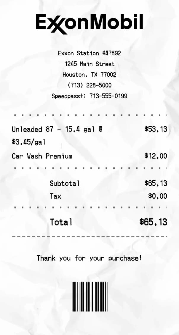 Exxon Mobil receipt example