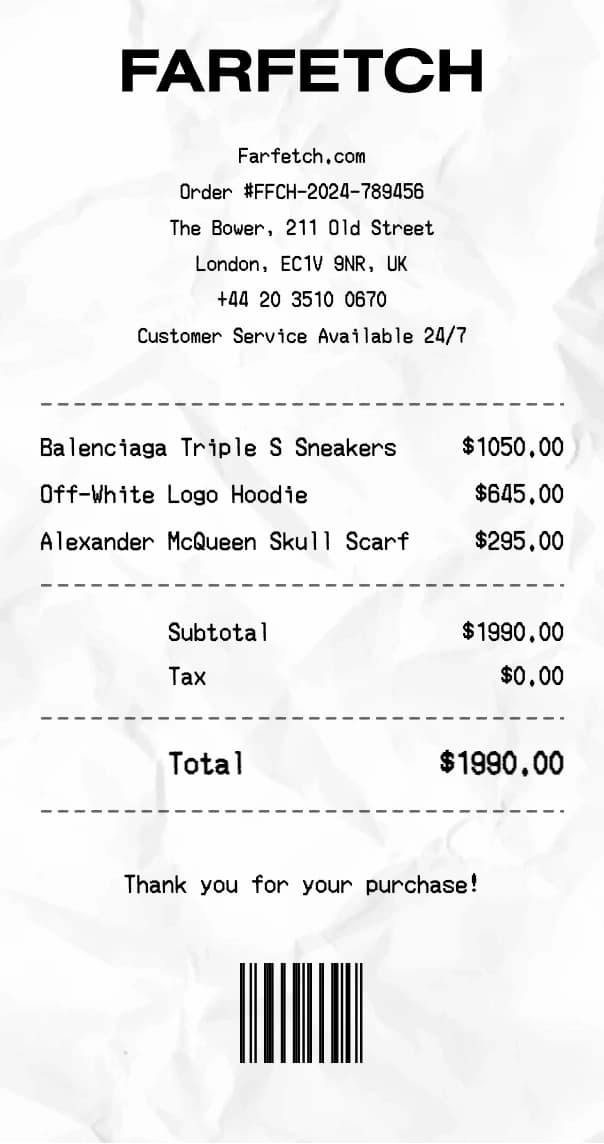 Farfetch receipt example
