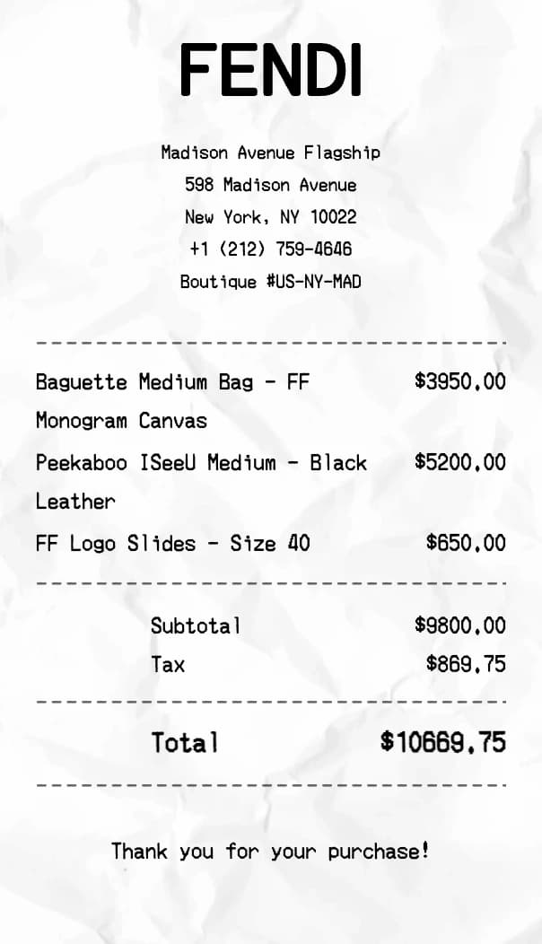 Fendi receipt example