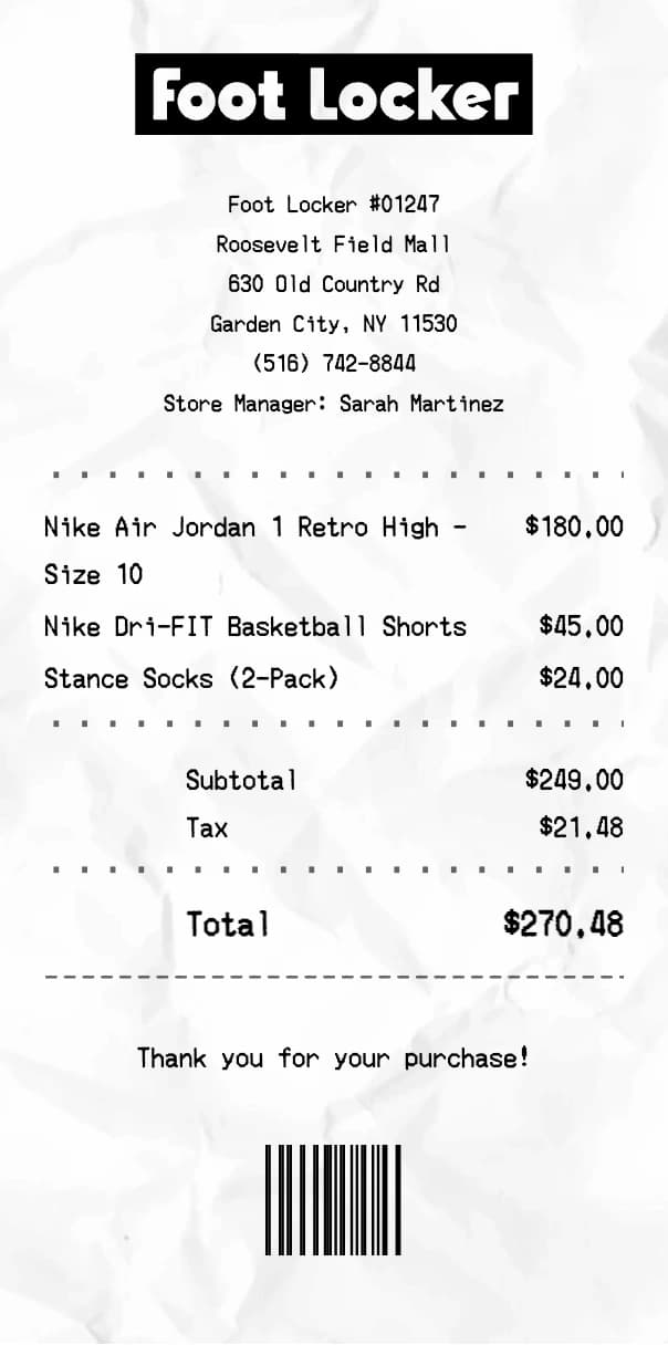 Foot Locker receipt example