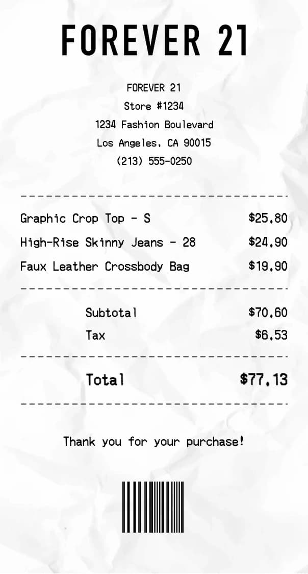 Forever 21 receipt example