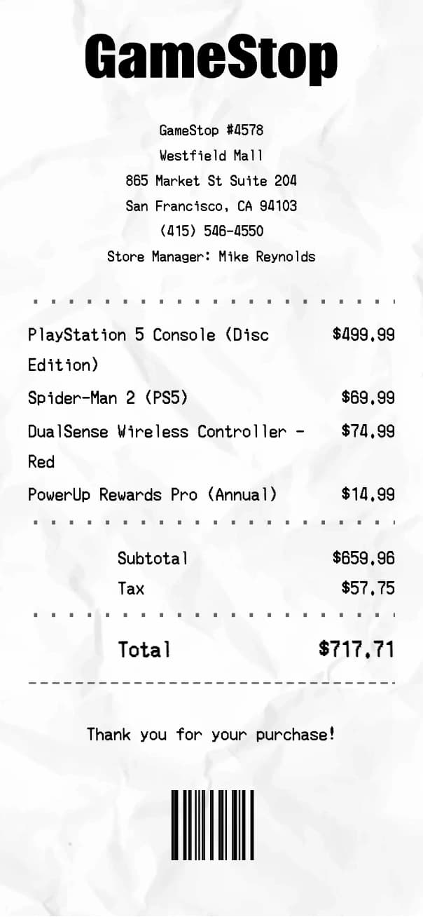 GameStop receipt example