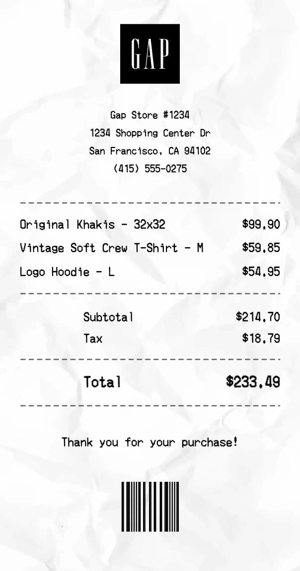 Gap receipt example